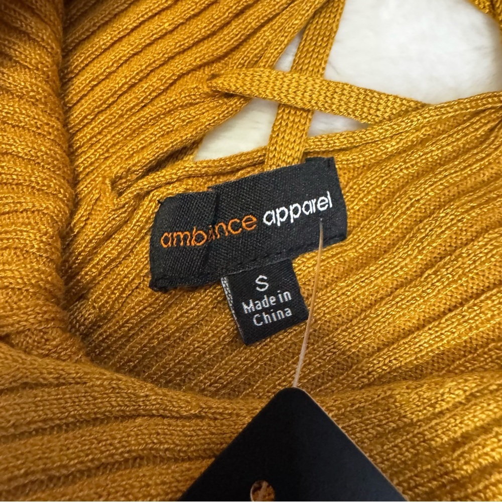 Ambiance Apparel Gold Ribbed Sweater Size Small Features A Lace Up Back NWT - Picture 9 of 9
